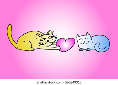 Cute love yellow and blue colors cats on Valentine's day. Tomcat gives a big red heart pussycat on a date. Romantic mood. Gift heartily. Freehand drawing. Pink background. Isolated vector illustration