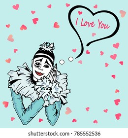 Cute I Love You Card with hand drawn Pierrot isolated on blue background. Template for St. Valentine's Day. Postcard motive.