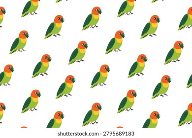 Cute lovebird parrot seamless pattern, flat cartoon green and orange Fischers lovebirds repeating background. Colorful exotic pet birds, tropical avian and home bird lover vector illustration