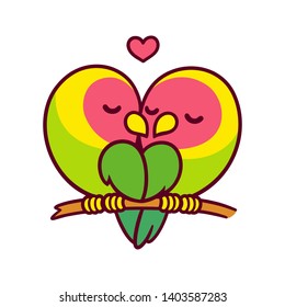 Cute lovebird parrots couple kissing with heart. Funny cartoon birds in love. Valentines day card vector illustration.