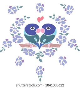 Cute lovebirds in blue can serve as a card of textile print