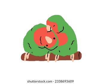 Cute lovebirds couple. Two funny parrots, exotic jungle love birds sitting on perch. Agapornis friends together, cleaning, preening. Flat graphic vector illustration isolated on white background