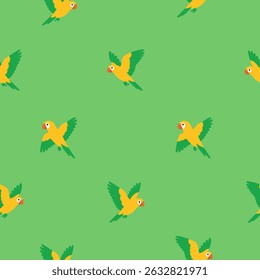 Cute lovebirds flying in seamless pattern on green background. Minimal and bright style inspired by African wildlife and tropical birds.