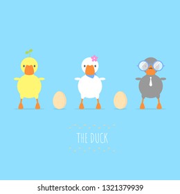 the cute lovely 3 different color ducks with eggs, ,flat vector illustration cartoon character design isolated clip art