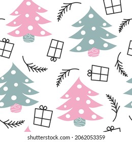 cute lovely abstract hand drawn cartoon seamless vector pattern illustration with pastel green and pink christmas tree, gift box and branch on white background