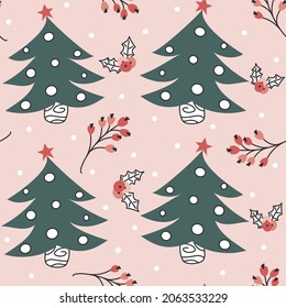 cute lovely abstract hand drawn cartoon seamless vector pattern background illustration with christmas tree, mistletoe and branch 