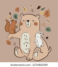 Cute and lovely adorable bear squirrel rabbit autumn leaf mushrooms woodland hedgehog design for kids market as vectors