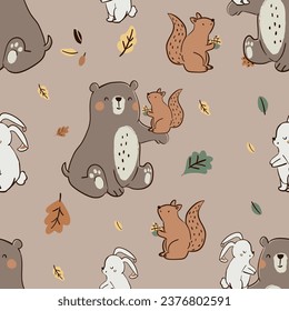 Cute and lovely adorable bear squirrel rabbit autumn leaf mushrooms woodland hedgehog design for kids market as vectors