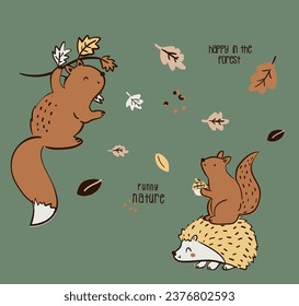 Cute and lovely adorable bear squirrel rabbit autumn leaf mushrooms woodland hedgehog design for kids market as vectors