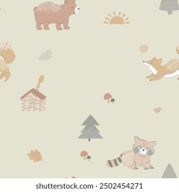 Cute and lovely adorable bear squirrel rabbit fox autumn leaf mushrooms forest house woodland hedgehog design for kids market as vectors