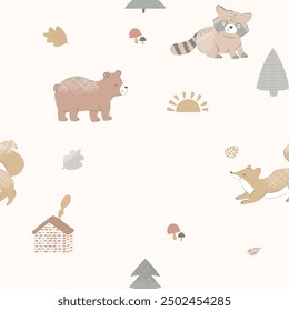 Cute and lovely adorable bear squirrel rabbit fox autumn leaf mushrooms forest house woodland hedgehog design for kids market as vectors