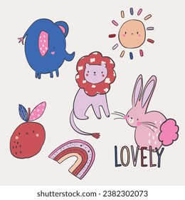 Cute and lovely adorable elephant Leon rabbit bunny apple rainbow sun colorful retro pattern design for kids market as vectors

