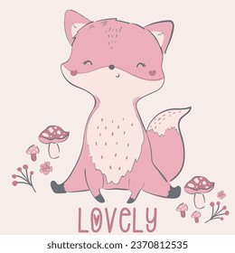 Cute and lovely adorable fox forest animals rabbits forest flowers mushrooms autumn leafs forest birds mommy and baby animals tee design for kids market as vector