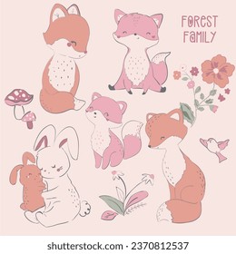 Cute and lovely adorable fox forest animals rabbits forest flowers mushrooms autumn leafs forest birds mommy and baby animals tee design for kids market as vector