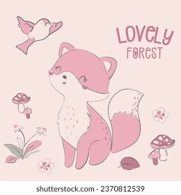 Cute and lovely adorable fox forest animals rabbits forest flowers mushrooms autumn leafs forest birds mommy and baby animals tee design for kids market as vector