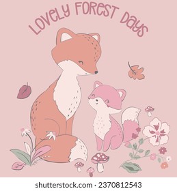 Cute and lovely adorable fox forest animals rabbits forest flowers mushrooms autumn leafs forest birds mommy and baby animals tee design for kids market as vector