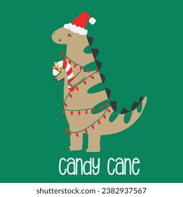 Cute and lovely adorable new year dinosaurs new year Christmas tree
gifts candy cane snowy snow Christmas hat  design for kids market as vectors
