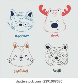 Cute and lovely adorable new year bear raccoon squirrel deer fox design for kids market as vectors