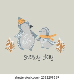 Cute and lovely adorable penguin winter house winter tree snow gift new year ice animal pattern design for kids market as vectors