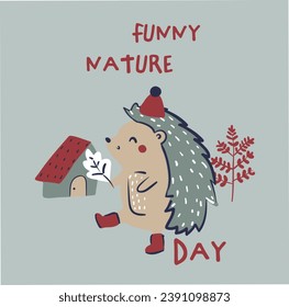 Cute and lovely adorable winter ski animals deer raccoon hedgehog bear snowman merry Christmas winter house home design for kids market as vectors