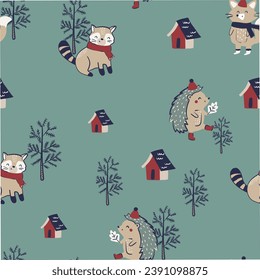 Cute and lovely adorable winter ski animals deer raccoon hedgehog bear snowman merry Christmas winter house home design for kids market as vectors