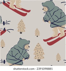 Cute and lovely adorable winter ski animals deer raccoon hedgehog bear snowman merry Christmas winter house home design for kids market as vectors