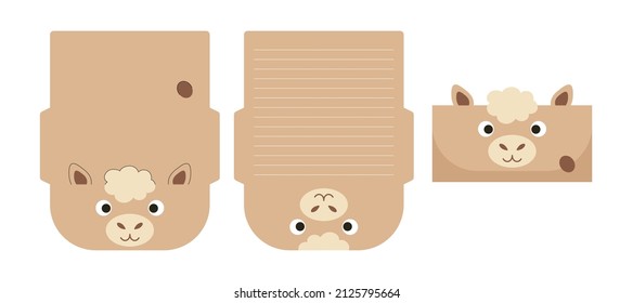 Cute Lovely Alpaca Letter Writing Stationery Paper Laser Cutting Card Template. Animal Design For Greeting, Invitation, Thank You Cards. Vector Stock Illustration.