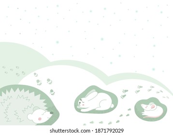 Cute lovely animals under snow. Sleeping hare or rabbit, mice or rat and hedgehog. Funny characters at their holes. Winter hibernation. 
animal footprints on the snow.