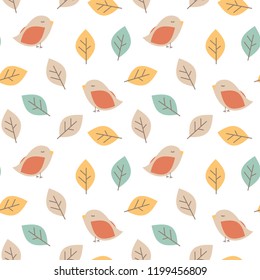 cute lovely autumn fall seamless vector pattern background illustration with birds and leaves