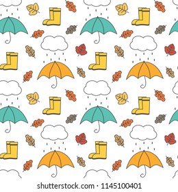 cute lovely autumn seamless vector pattern background illustration with umbrellas, rain, clouds, leaves and boots