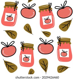 cute lovely autumn seamless vector pattern background illustration with fall leaves, jar with homemade apple jam and apples