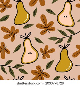 lindo adorable otoño sin costura vectorial ilustración de fondo con hojas de otoño y peras