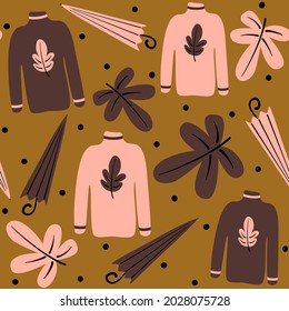 cute lovely autumn season seamless vector pattern background illustration with umbrellas, leaves, sweathers and dots