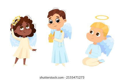 Cute lovely baby angels set. Angelic girl and boys with wings cartoon vector illustration