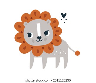 Cute lovely baby lion in scandinavian style. Little roar print for kids. Exotic animal vector illustration in flat style. Childish print with lion for clothing, card, poster, anniversary