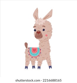 Cute lovely baby llama. Funny alpaca domesticated animal. Childish print for sticker, card, textile, nursery decor vector illustration