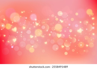 Cute lovely background with hearts and bokeh. Pastel pink gradation bg with dreamy stars and glitter. Romantic vector backdrop for Valentine Day design. Red and orange soft gradient wallpaper.