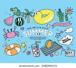 Una linda y encantadora ilustración de decoración de playa adecuada para la temporada de verano en azul cielo y verde