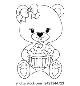 Cute lovely bear holding big cupcake in his hands. Coloring page for children. Print it out and bring it to life with color. Happy Valentine's Day. Vector illustration.