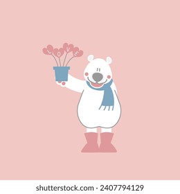 cute and lovely bear holding heart shape plant, happy valentines day, birthday, love concept, flat vector illustration cartoon character costume