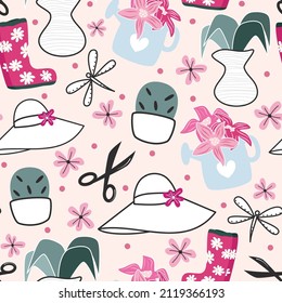 Cute lovely beautiful abstract seamless vector pattern background illustration with colorful plants, girly hats, scissors, dragonflies, rubber boots and flowers	