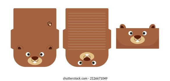 Cute lovely beaver letter writing stationery paper laser cutting card template. Animal design for greeting, invitation, thank you cards. Vector stock illustration.