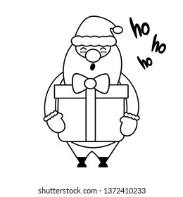 cute lovely black and white cartoon vector santa claus with big gift christmas illustration for coloring art
