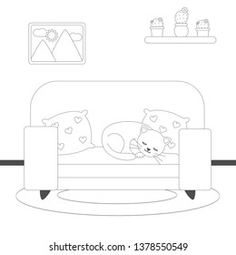 cute lovely black and white cartoon with cat lying on sofa vector illustration for coloring art