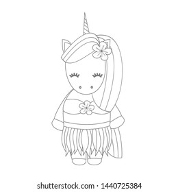cute lovely black and white cartoon Hawaiian unicorn funny vector illustration for coloring art