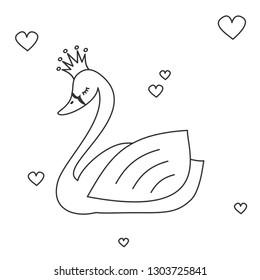 cute lovely black and white princess swan vector illustration for coloring art