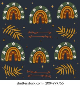 Cute lovely boho rainbow seamless vector pattern background illustration  with stars, leaves and arrows