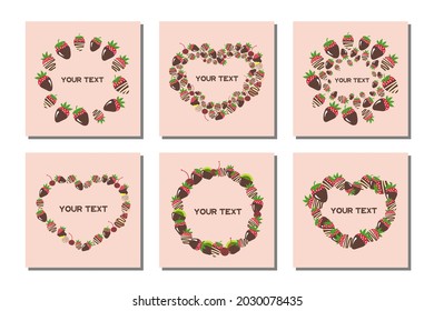 Cute lovely cards for birthday, Valentine's Day, wedding, candy shop. Sweets, candy, fruits, chocolate, berry, strawberry, cookie, heart cookie. Romantic frames for text.