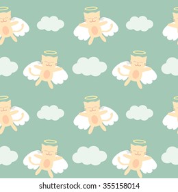 cute lovely cartoon angel cat flying in the sky seamless vector pattern background illustration