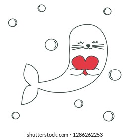 cute lovely cartoon baby seal with heart valentine romantic vector illustration